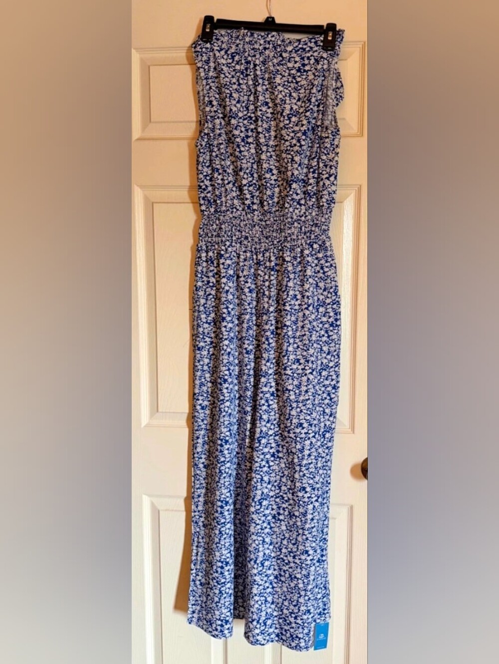 Blue Floral Romper with Smocked Waist